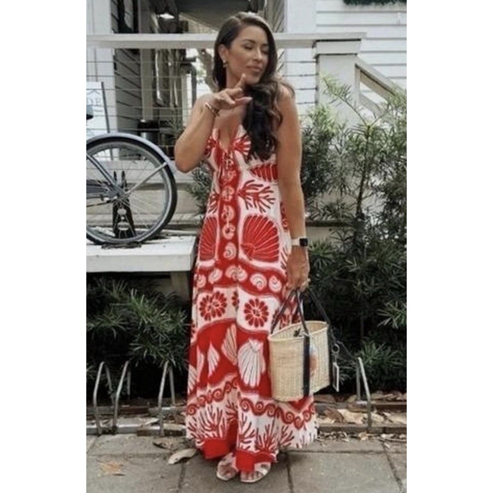 Calypso St Barth Maxi Dress Red White Linen Blend Shells Boho Resort Size XS